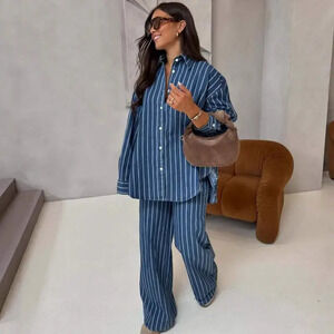 ZARA Stripe Collar Long Sleeve Shirt & Pants Plus Size Set